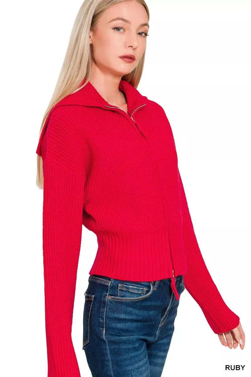 Zenana Ribbed Collared Zip Up Sweater Cardigan - Trendsi - Flyclothing LLC