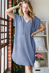 Heimish Full Size Ribbed Short Sleeve Hooded Dress - Trendsi - Flyclothing LLC
