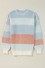 Striped Color Block Round Neck Long Sleeve Sweater - Trendsi - Flyclothing LLC