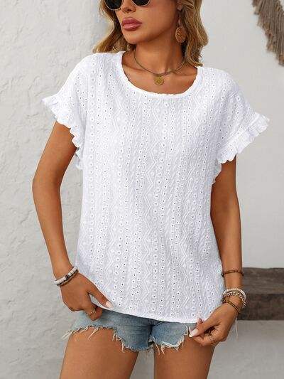 Mandy Eyelet Round Neck Short Sleeve Top - Trendsi - Flyclothing LLC