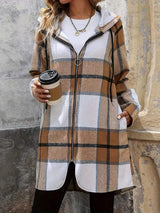 Drawstring Plaid Zip Up Hooded Outerwear - Trendsi - Flyclothing LLC