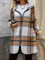 Drawstring Plaid Zip Up Hooded Outerwear - Trendsi