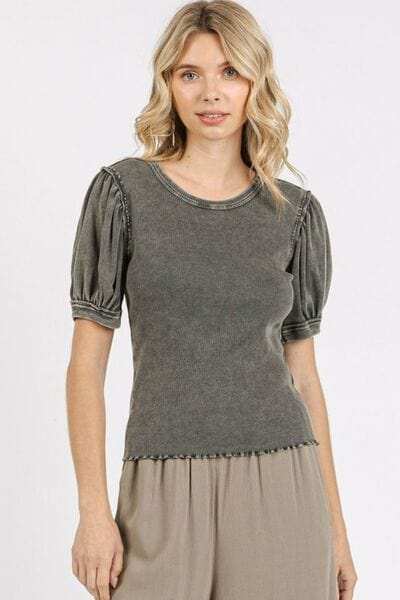 Mittoshop Mineral Wash Puff Sleeve Rib Knit Top - Trendsi - Flyclothing LLC