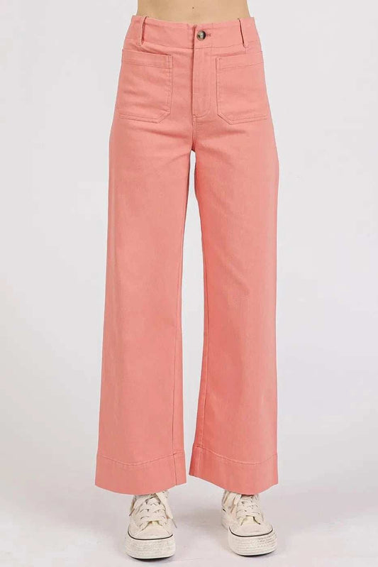 Mittoshop Twill Patch Pocket High Rise Wide Leg Pants - Trendsi - Flyclothing LLC