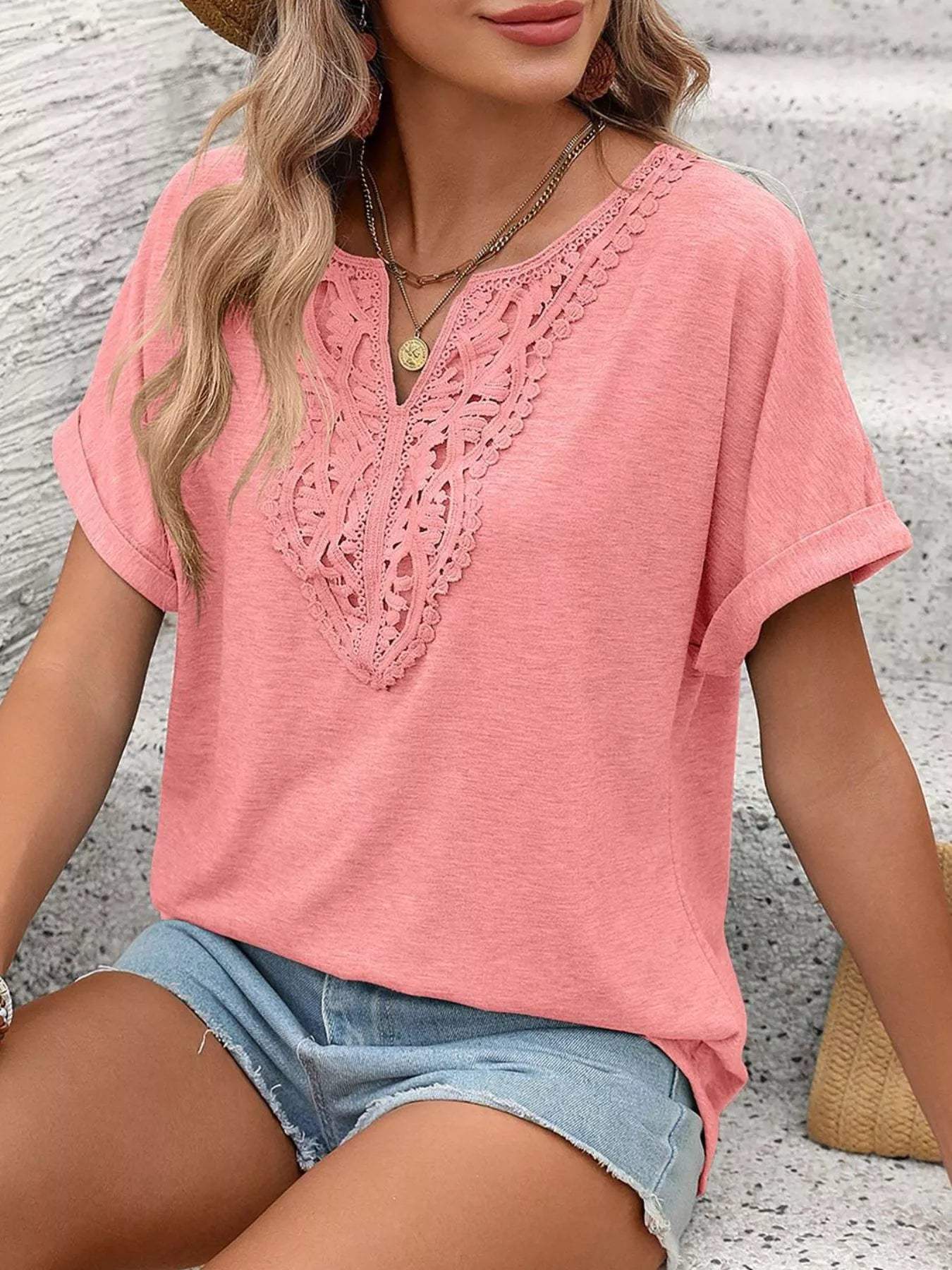 Lace Trim Short Sleeve T-Shirt - Trendsi - Flyclothing LLC