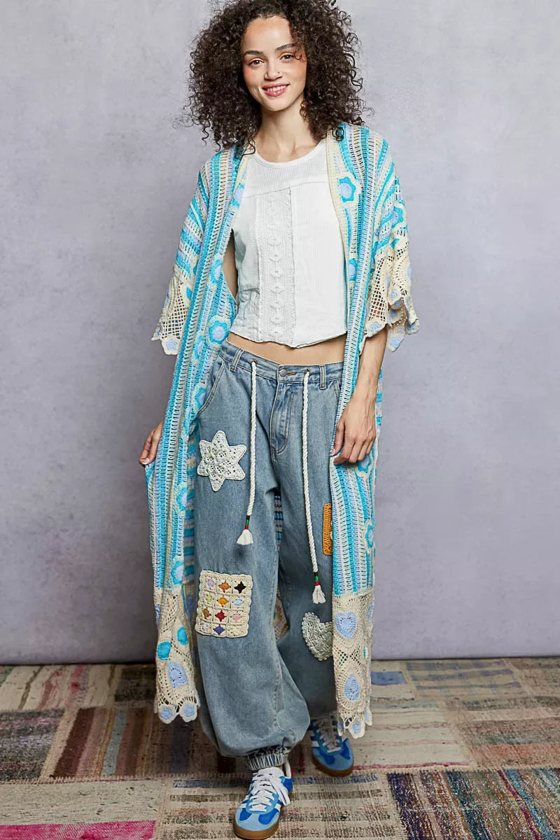 POL Striped and Floral Pattern Crochet Longline Cardigan - Trendsi - Flyclothing LLC