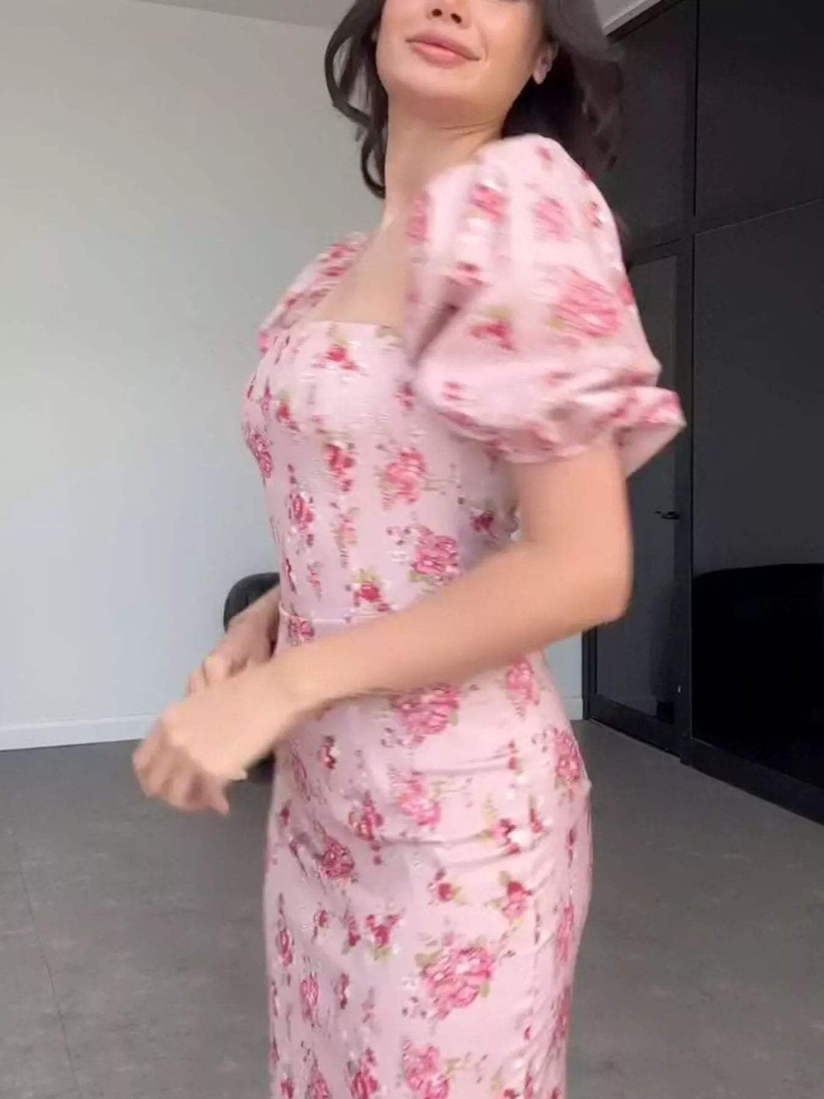 Floral Puff Sleeve Ruched Midi Dress - Trendsi - Flyclothing LLC
