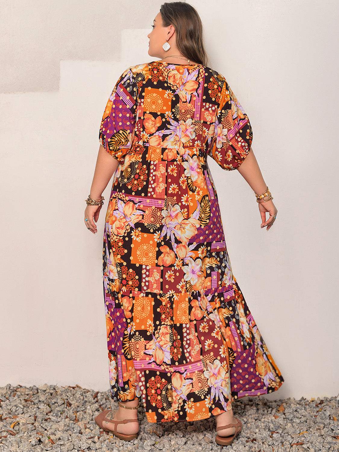 Plus Size Printed V-Neck Half Sleeve Maxi Dress - Trendsi - Flyclothing LLC