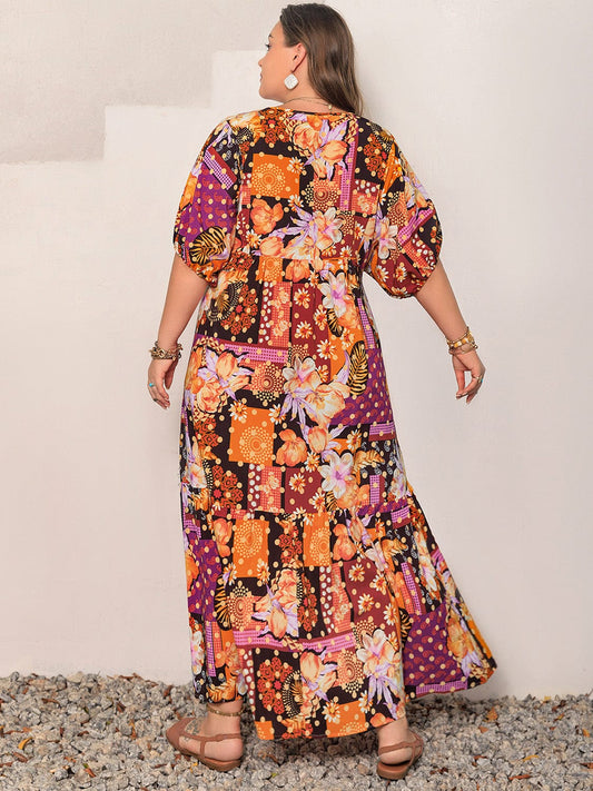 Plus Size Printed V-Neck Half Sleeve Maxi Dress - Trendsi