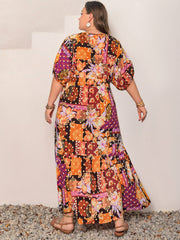 Plus Size Printed V-Neck Half Sleeve Maxi Dress - Trendsi