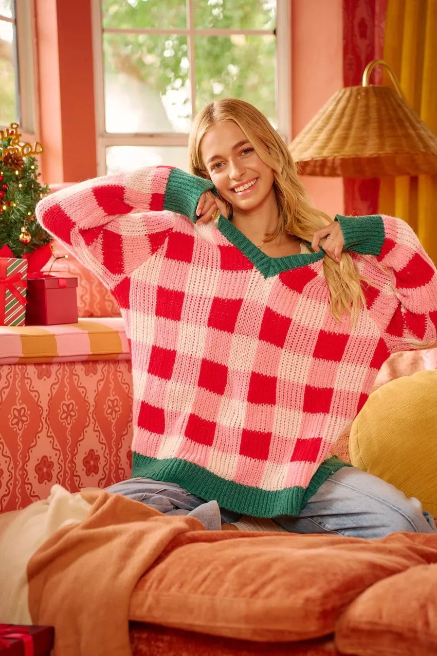 BiBi Christmas Theme Checker Board Sweater - Trendsi - Flyclothing LLC