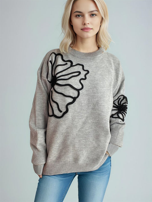 Flower Round Neck Long Sleeve Sweater - Trendsi