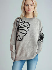 Flower Round Neck Long Sleeve Sweater - Trendsi