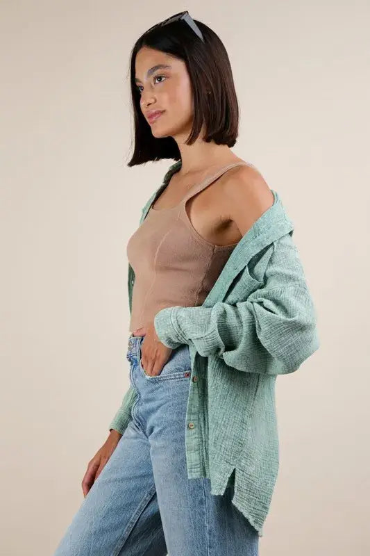 VERY J Mineral Washed Gauze Button Down Shirt - Trendsi - Flyclothing LLC