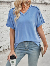 Cord Ribbed V-Neck Short Sleeve T-Shirt - Trendsi - Flyclothing LLC