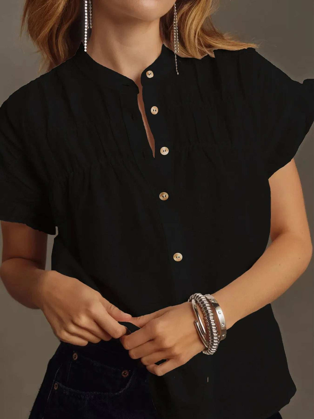 Ruffled Short Sleeve Button Up Shirt - Trendsi - Flyclothing LLC