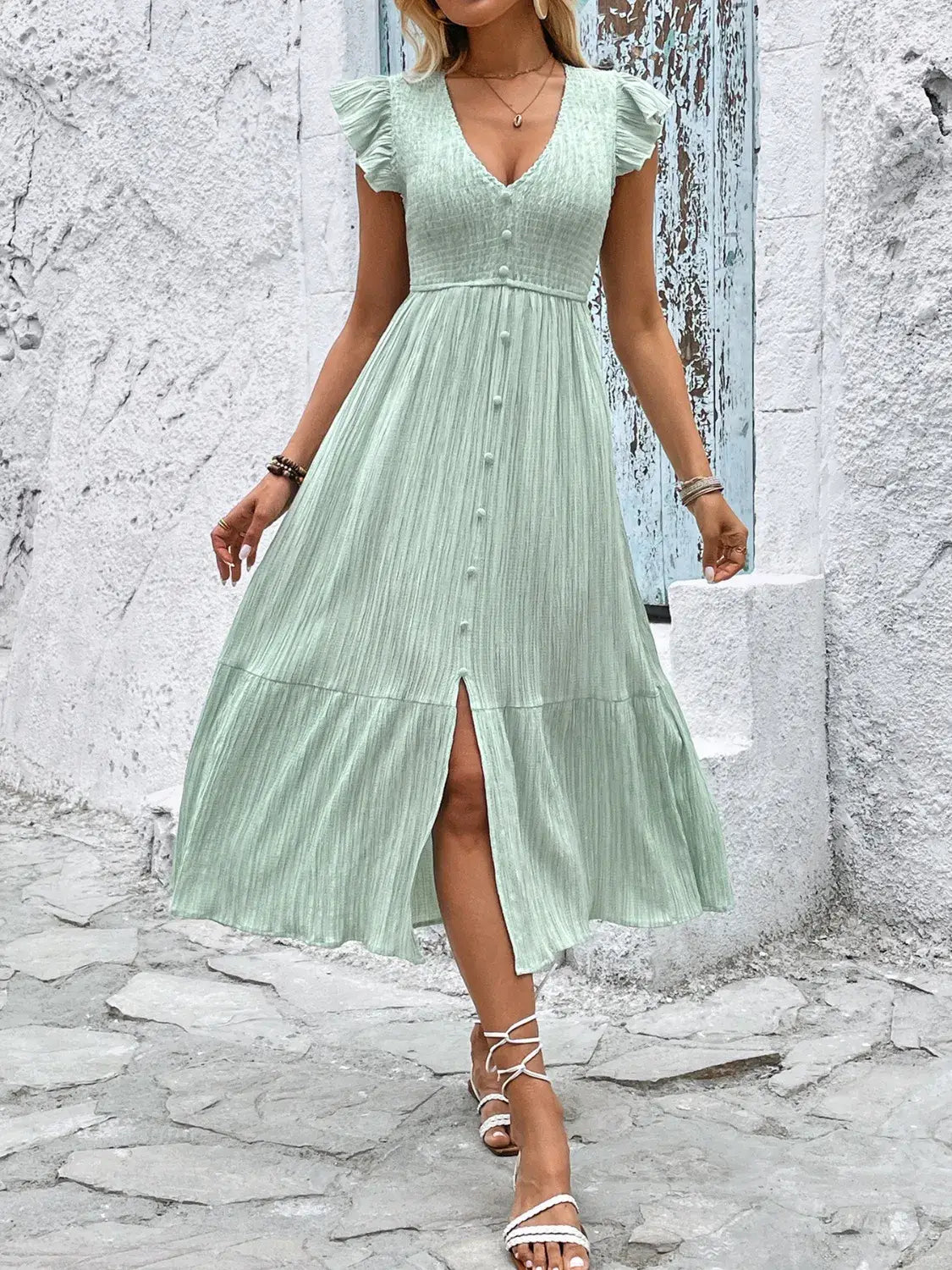 V-Neck Ruffled Cap Sleeve Dress - Trendsi - Flyclothing LLC