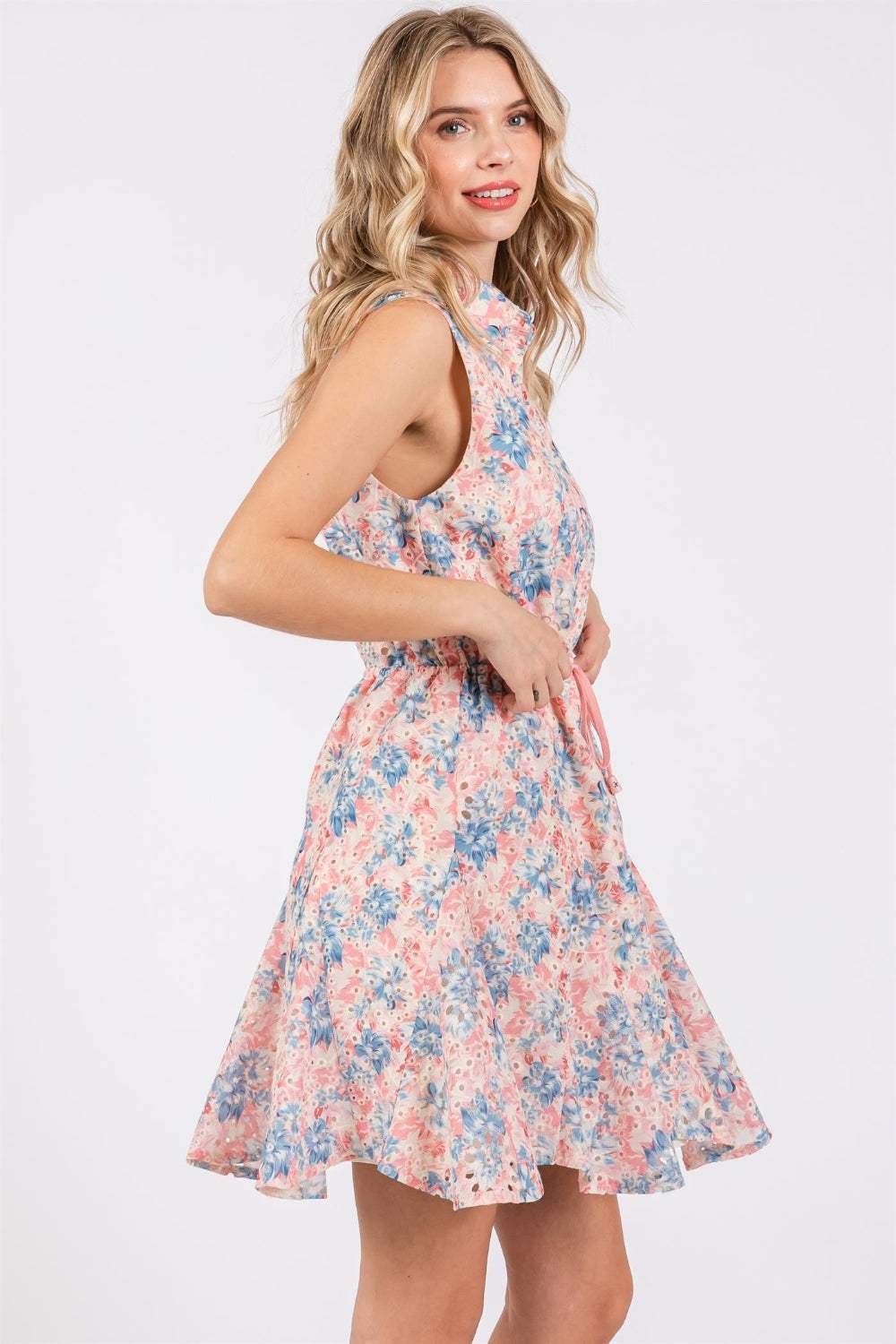 GeeGee Full Size Floral Eyelet Sleeveless Mini Dress - Trendsi - Flyclothing LLC