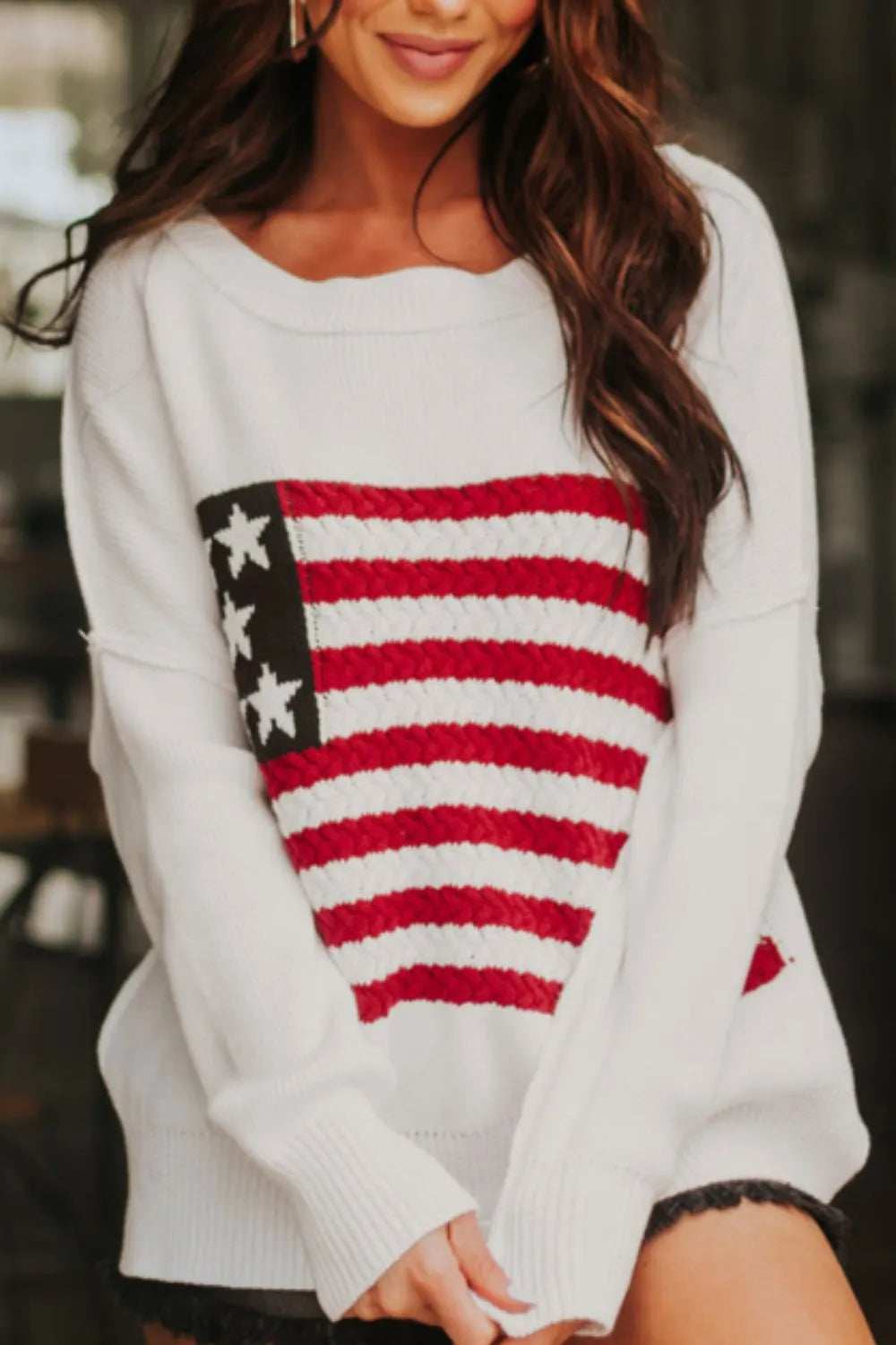 US Flag Side Slit Drop Shoulder Sweater - Trendsi - Flyclothing LLC