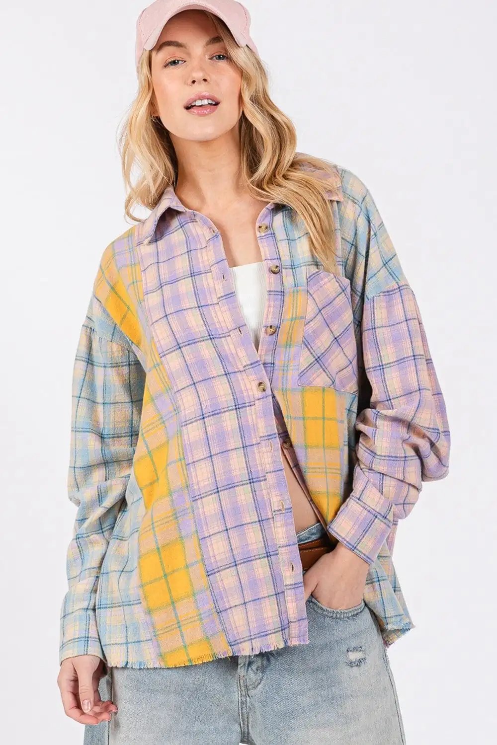 SAGE + FIG Button Up Raw Hem  Plaid Flannel Shirt - Trendsi