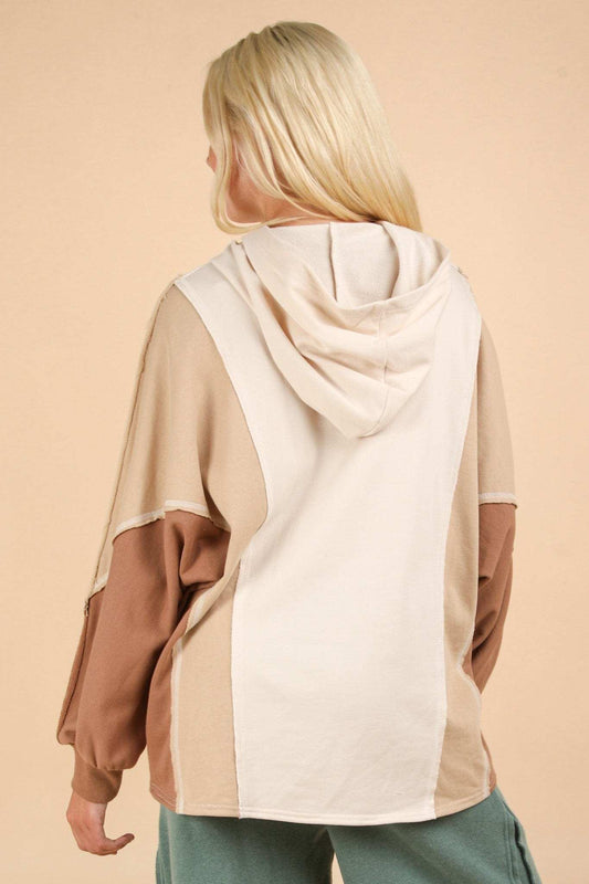 VERY J Exposed Seam Color Block Half Button Hoodie - Trendsi - Flyclothing LLC