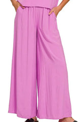 Zenana Round Neck T-Shirt and Wide Leg Pants Set - Trendsi - Flyclothing LLC