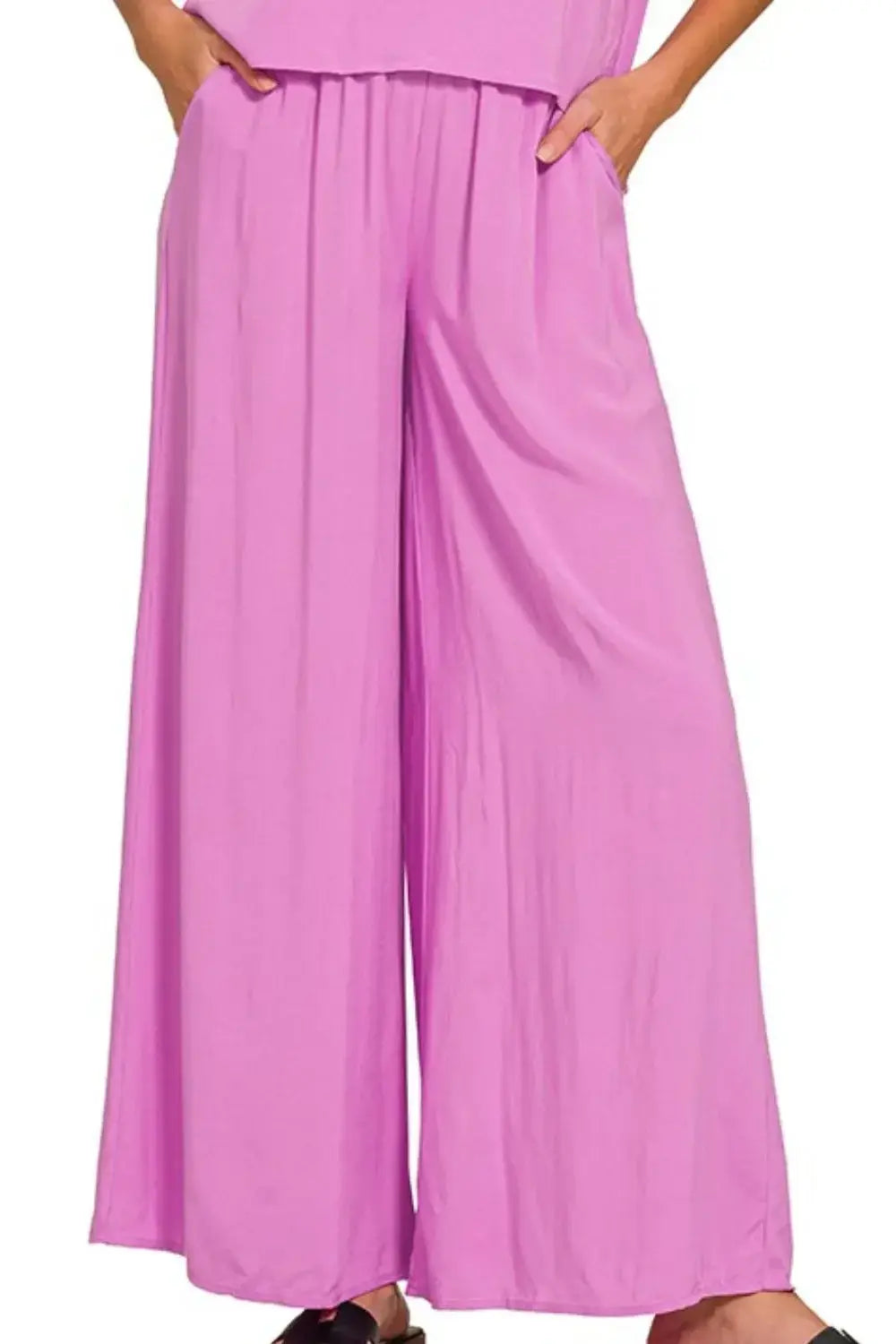 Zenana Round Neck T-Shirt and Wide Leg Pants Set - Trendsi - Flyclothing LLC