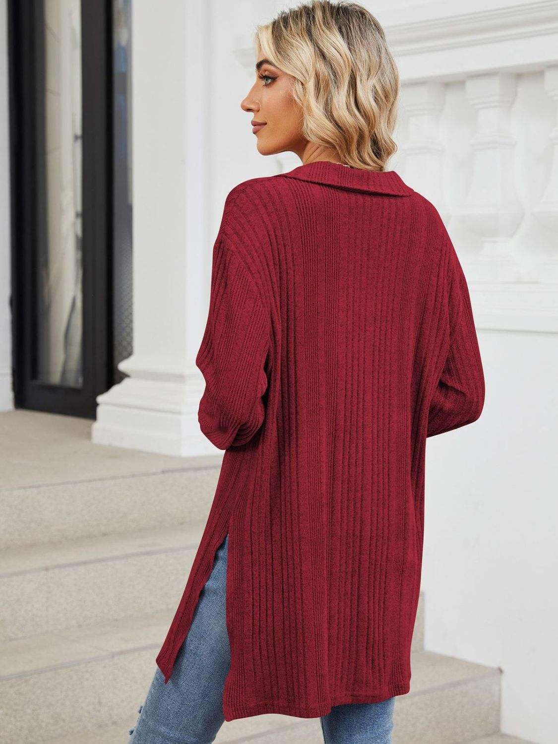 Slit Johnny Collar Long Sleeve T-Shirt - Trendsi - Flyclothing LLC