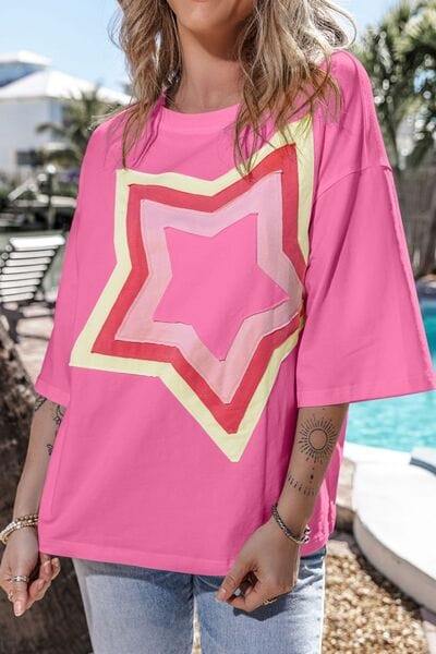 Color Block Star Patched Oversized T-Shirt - Trendsi