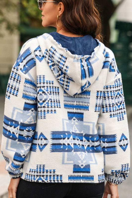 Geometric Quarter Zip Long Sleeve Hoodie - Trendsi - Flyclothing LLC