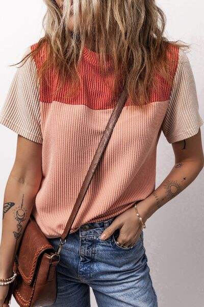 Color Block Round Neck Short Sleeve T-Shirt - Trendsi - Flyclothing LLC