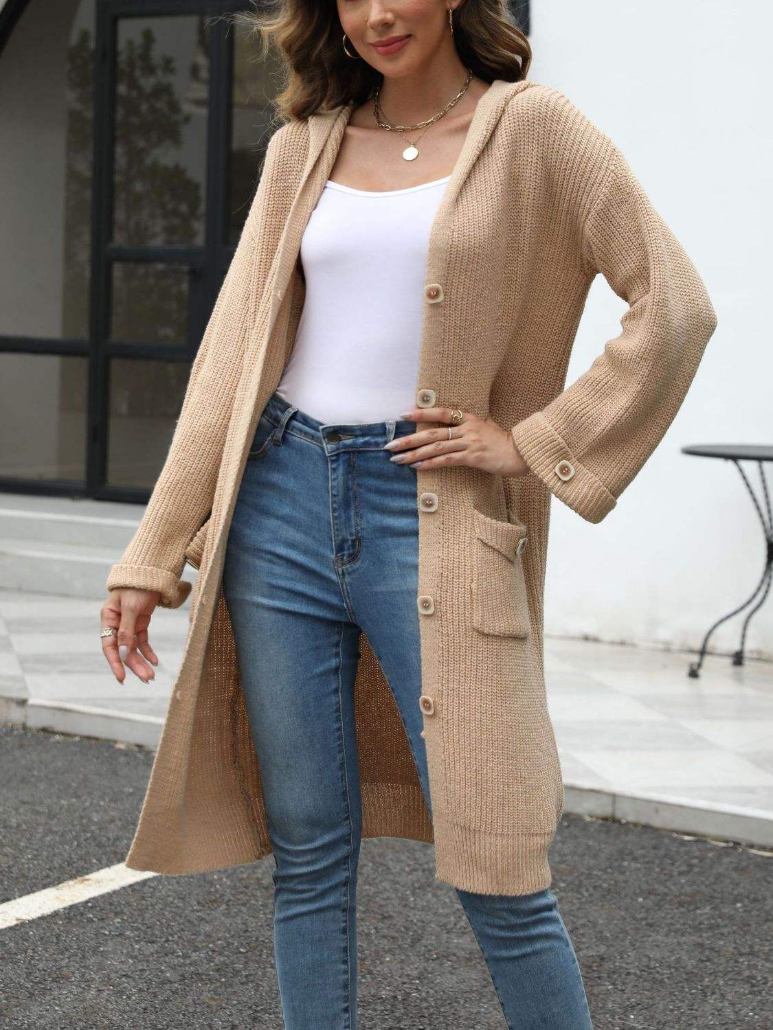 Pocketed Button Up Long Sleeve Hooded Cardigan - Trendsi - Flyclothing LLC
