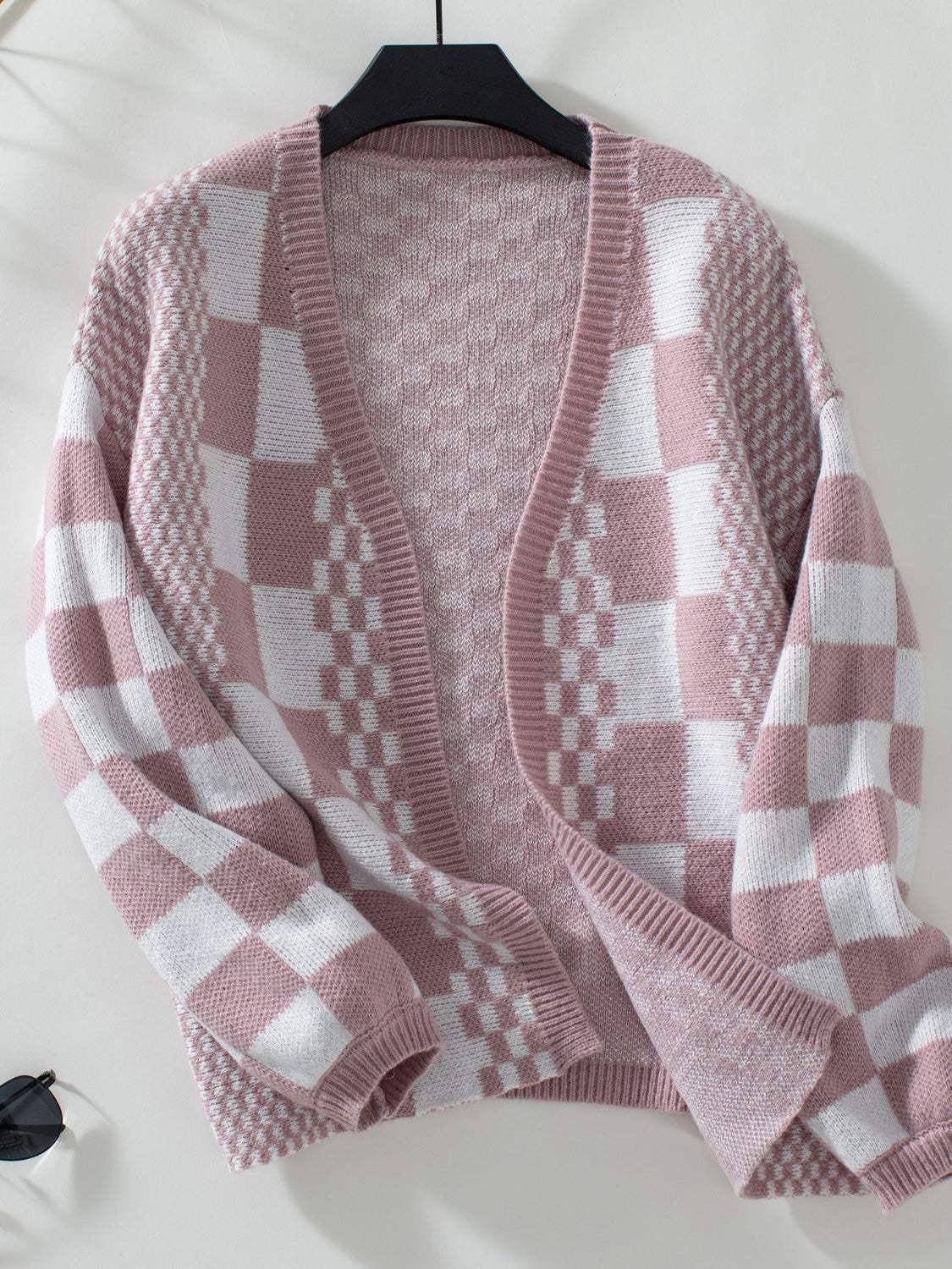 Double Take Checkered Open Front Dropped Shoulder Cardigan - Trendsi - Flyclothing LLC
