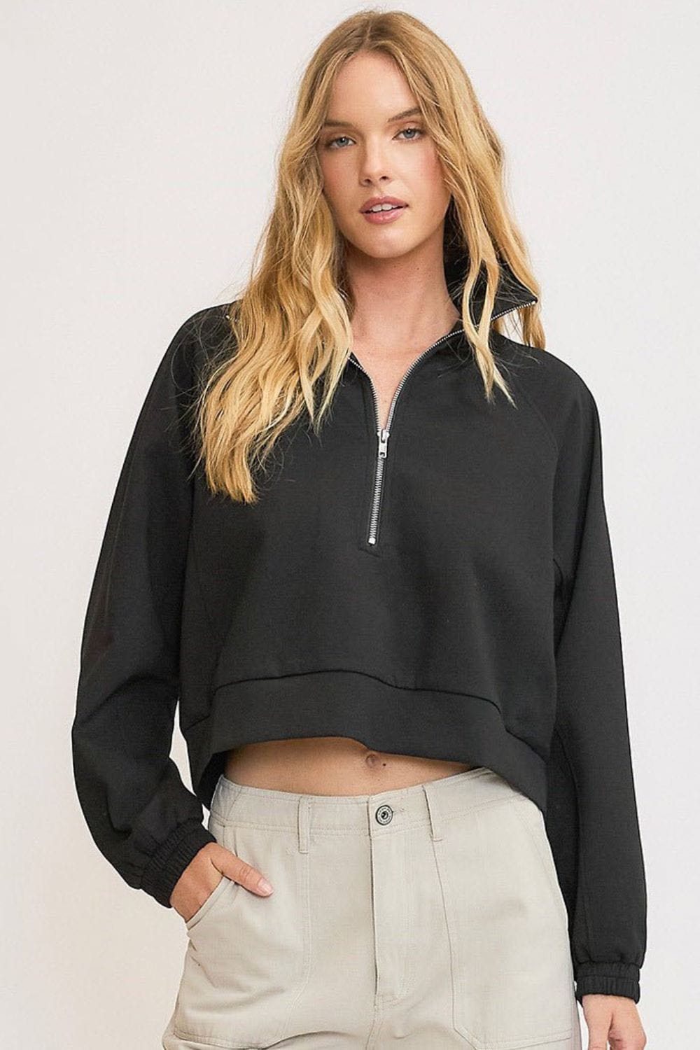 Umgee Full Size Half Zip Cropped Sweatshirt Plus Size - Trendsi