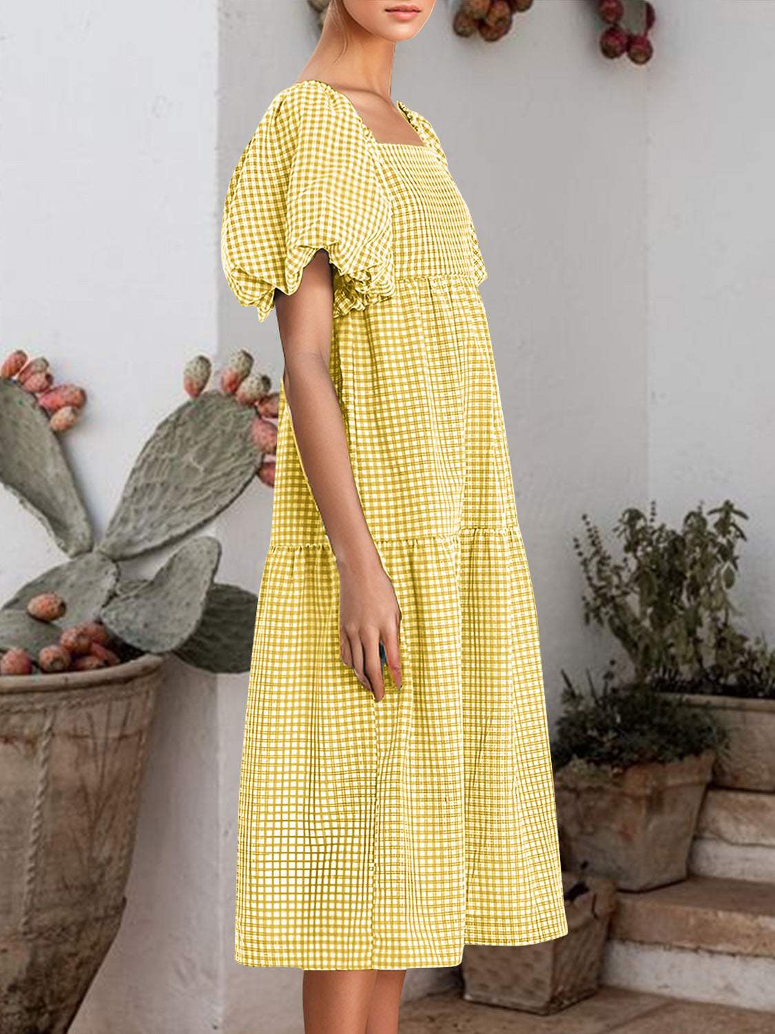 Plaid Square Neck Short Sleeve Dress - Trendsi - Flyclothing LLC