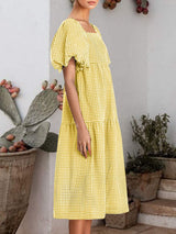 Plaid Square Neck Short Sleeve Dress - Trendsi - Flyclothing LLC