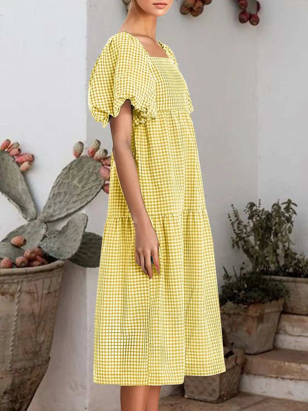 Plaid Square Neck Short Sleeve Dress - Trendsi - Flyclothing LLC