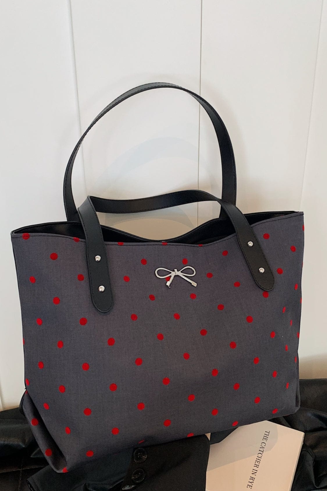 Polyester Bow Polka Dot Tote Bag - Trendsi