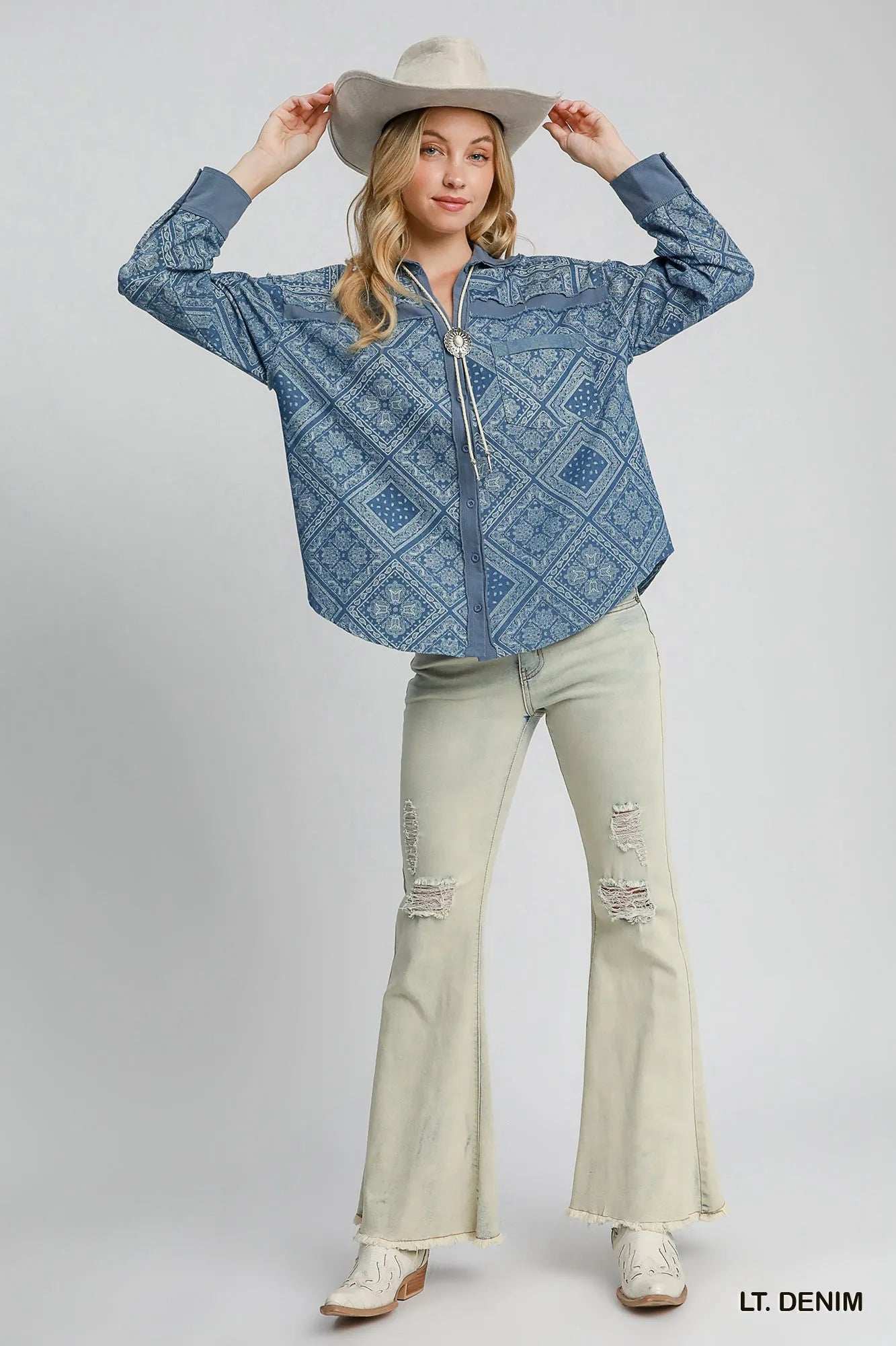 Umgee Paisley Print Denim Shirt Jacket - Trendsi - Flyclothing LLC