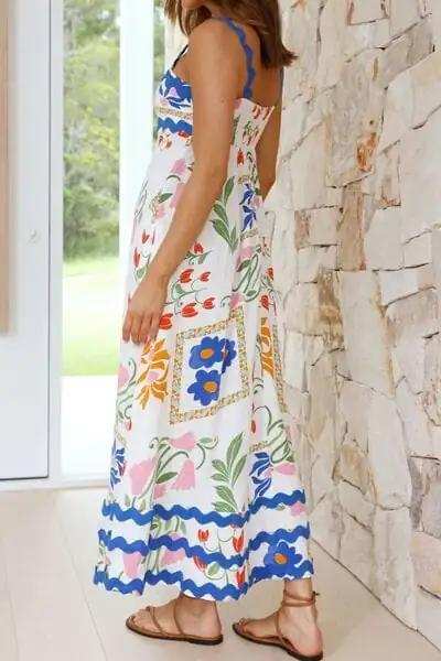 Printed Square Neck Wide Strap Midi Dress - Trendsi - Flyclothing LLC