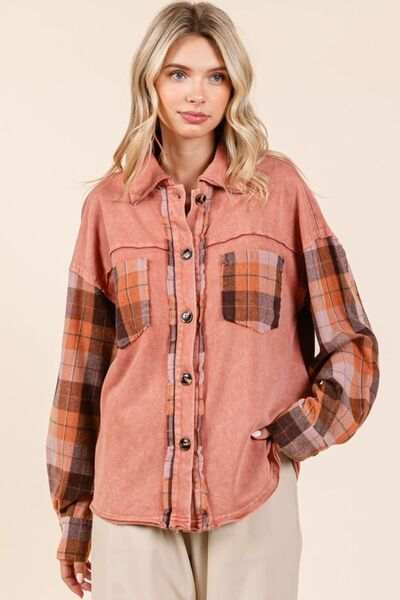 Mittoshop Button Down Contrast Plaid Patchwork Shacket - Trendsi - Flyclothing LLC