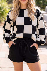 Checkerboard Print Sweatshirt and Shorts Set - Trendsi - Flyclothing LLC