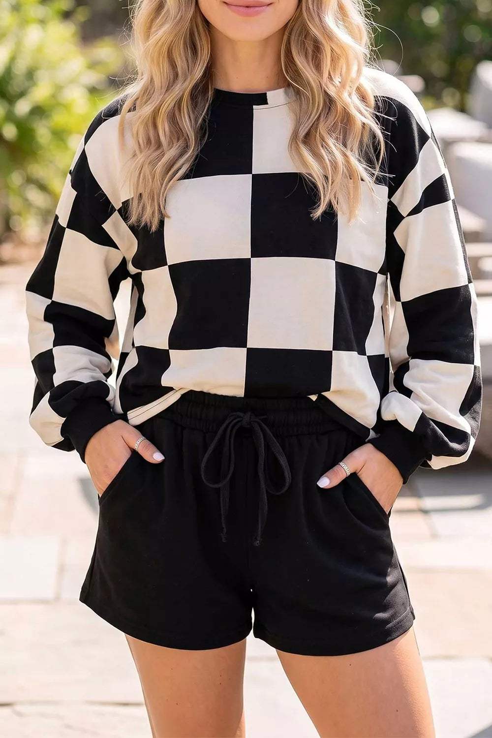 Checkerboard Print Sweatshirt and Shorts Set - Trendsi - Flyclothing LLC