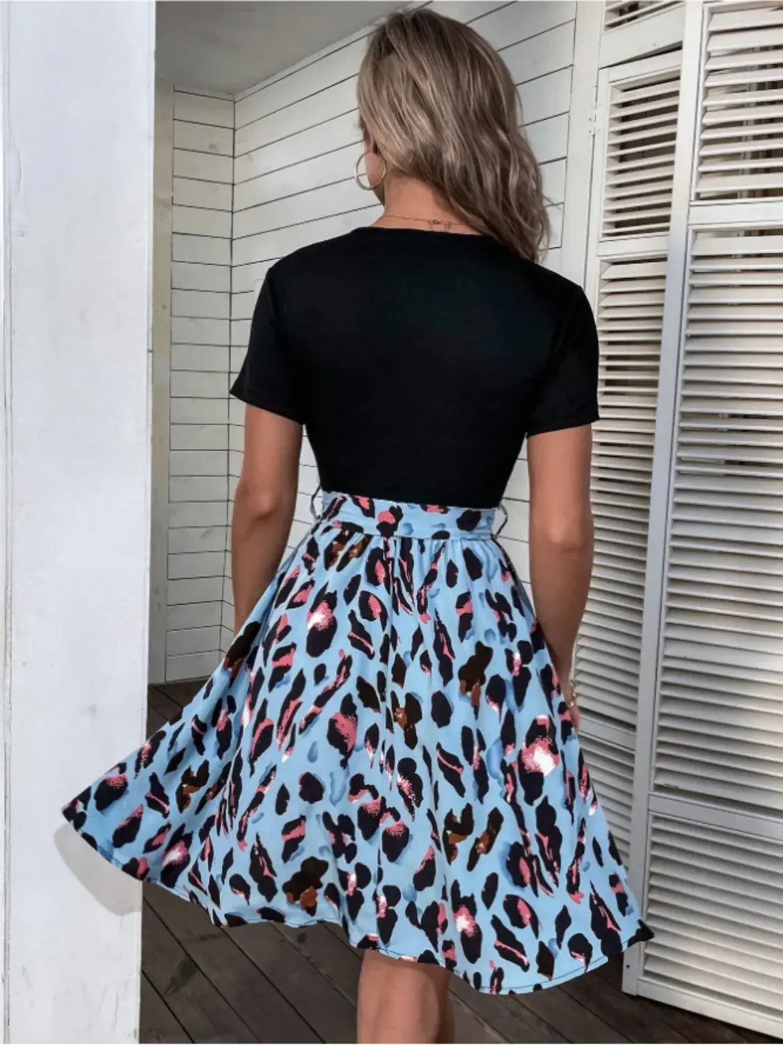 Tied Front Contrast Leopard Short Sleeve Mini Dress - Trendsi - Flyclothing LLC