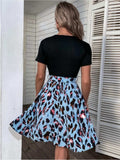 Tied Front Contrast Leopard Short Sleeve Mini Dress - Trendsi - Flyclothing LLC