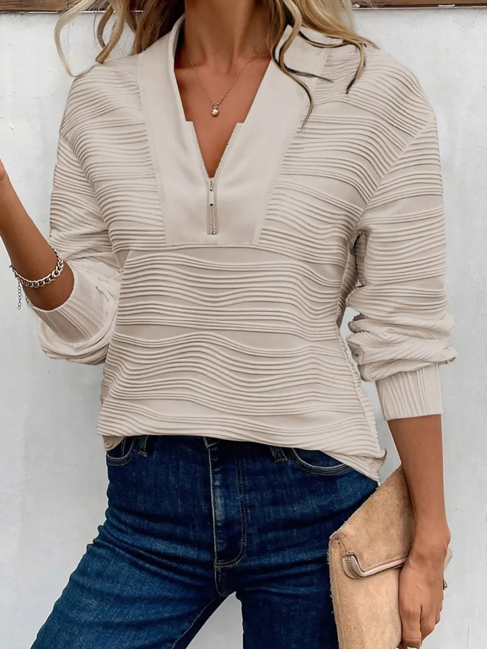 Solid Color Textured Zip V Neck Pullover Sweatshirt - Trendsi - Flyclothing LLC