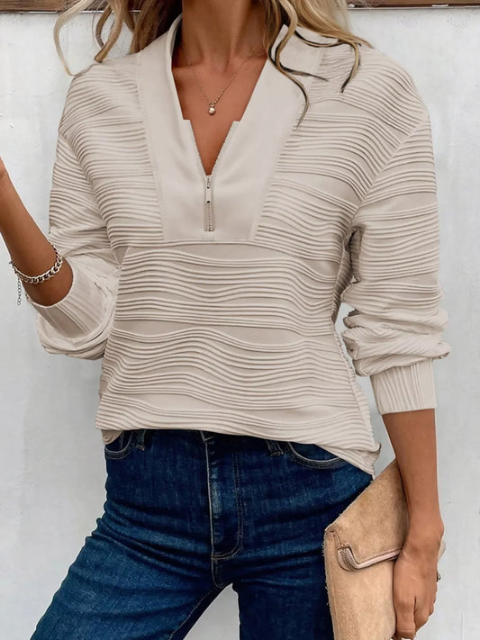 Solid Color Textured Zip V Neck Pullover Sweatshirt - Trendsi - Flyclothing LLC