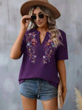 Embroidered Notched Short Sleeve T-Shirt - Trendsi - Flyclothing LLC