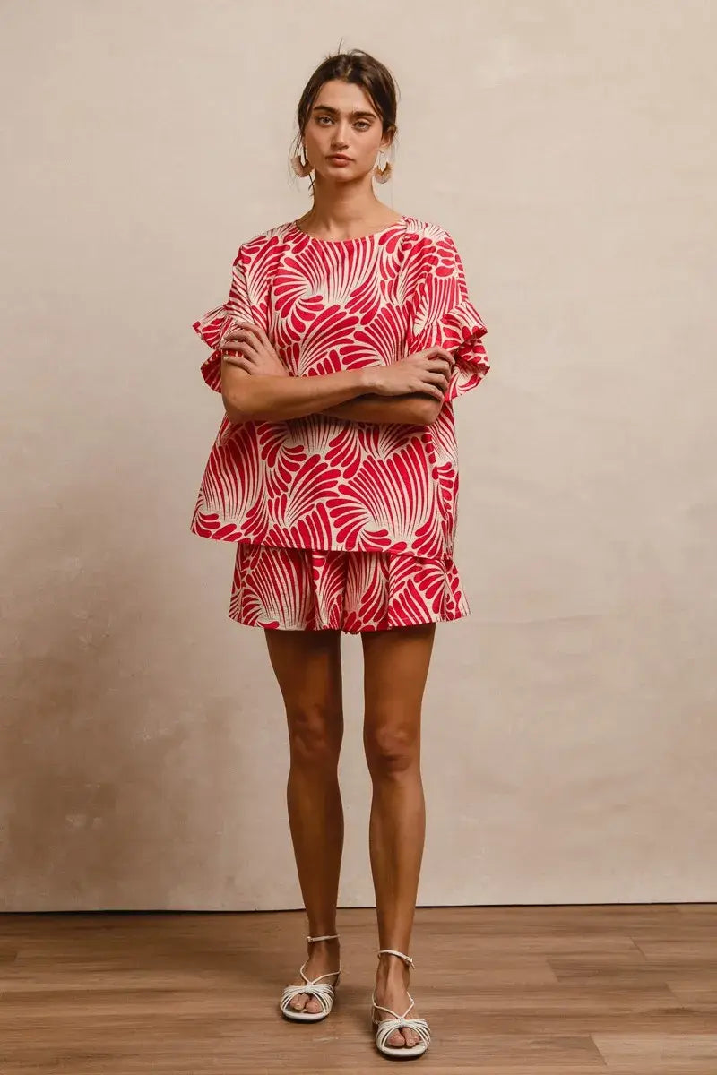 BiBi Print Woven Ruffled Sleeves Top - Trendsi - Flyclothing LLC