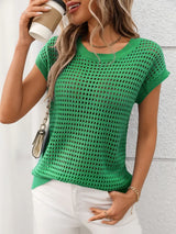 Openwork Round Neck Short Sleeve Knit Cover Up - Trendsi - Flyclothing LLC